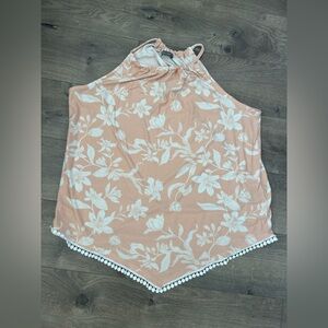 Pink and White Floral Halter Top with Pom Pom Trim